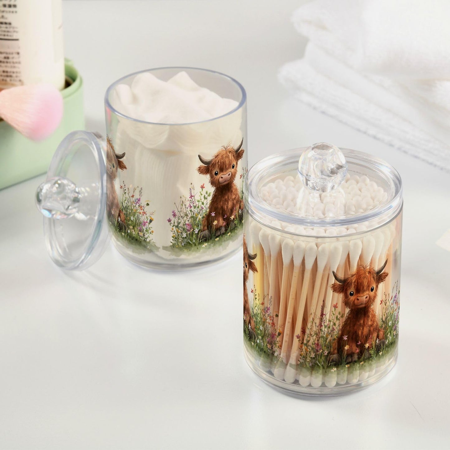 Xmycdz 2 Pack Pattern Oil Painting Cute Cow Apothecary Jars with Lid, 11 Oz Clear Plastic Apothecary Jar Set Qtip Holder Storage Containers for Cotton Ball Swabs Bathroom Vanity
