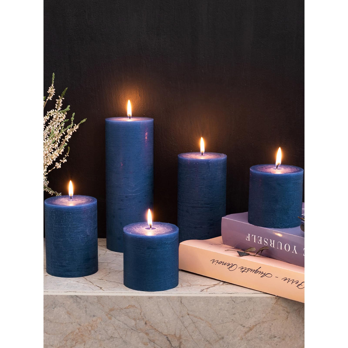 CANDWAX 3x3 Pillar Candles Set of 3 - Rustic Unscented No Drip Dark Blue Candles for Home Decor, Weddings, Centerpieces