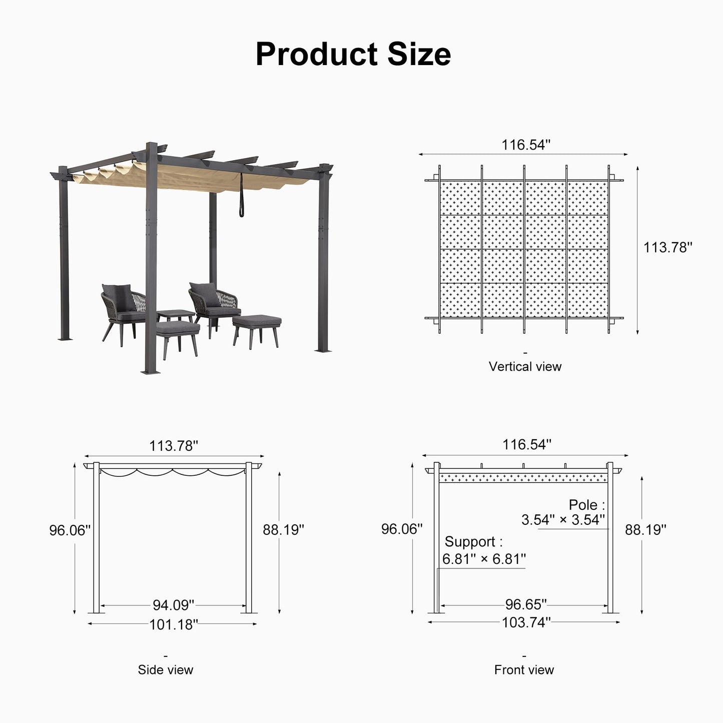 PURPLE LEAF 10' X 10' Outdoor Retractable Pergola with Sun Shade Canopy Patio Metal Shelter for Garden Porch Beach Pavilion Grill Gazebo Modern Yard Grape Trellis Pergola, Beige