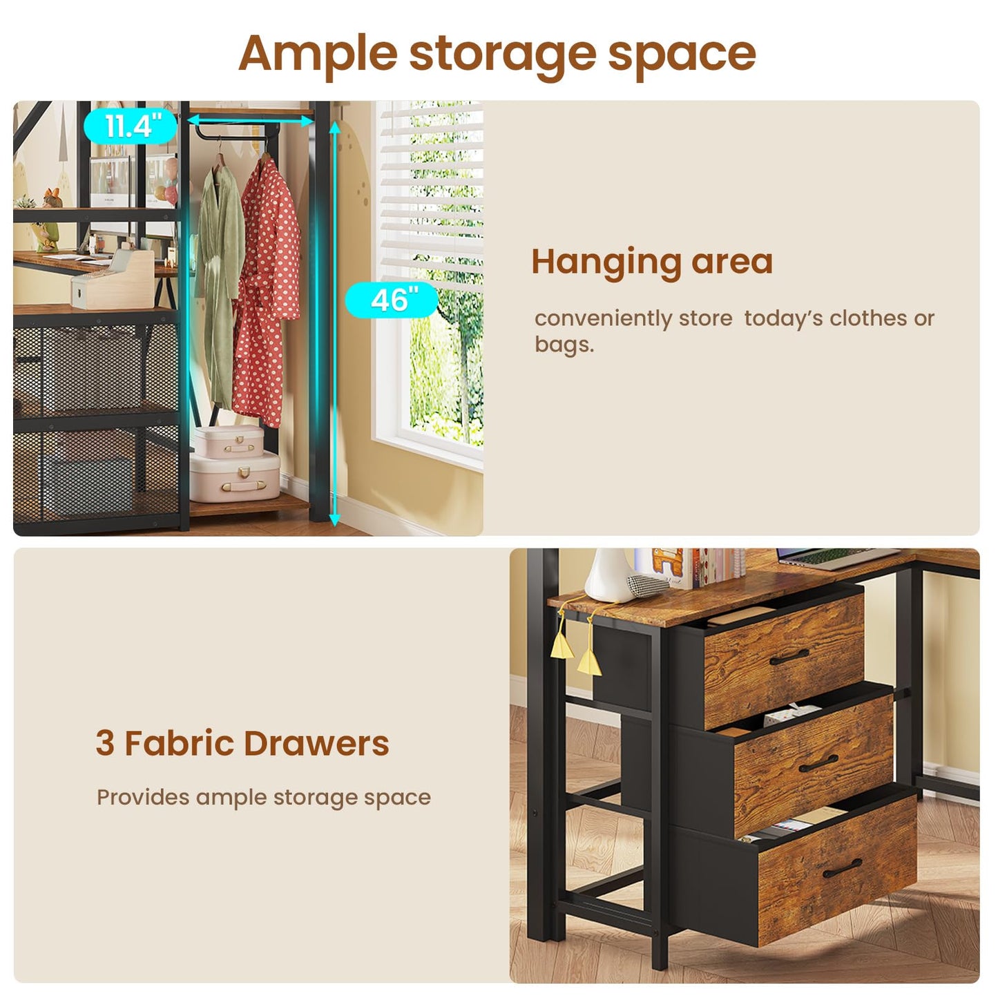 Itaar Stairway Twin Size Loft Bed with L Shaped Desk and Wardrobe, Metal Loft Bed Frame with Storage Stairs, 3 Fabric Drawers, LED Lights & Charging Sation, Rustic Brown