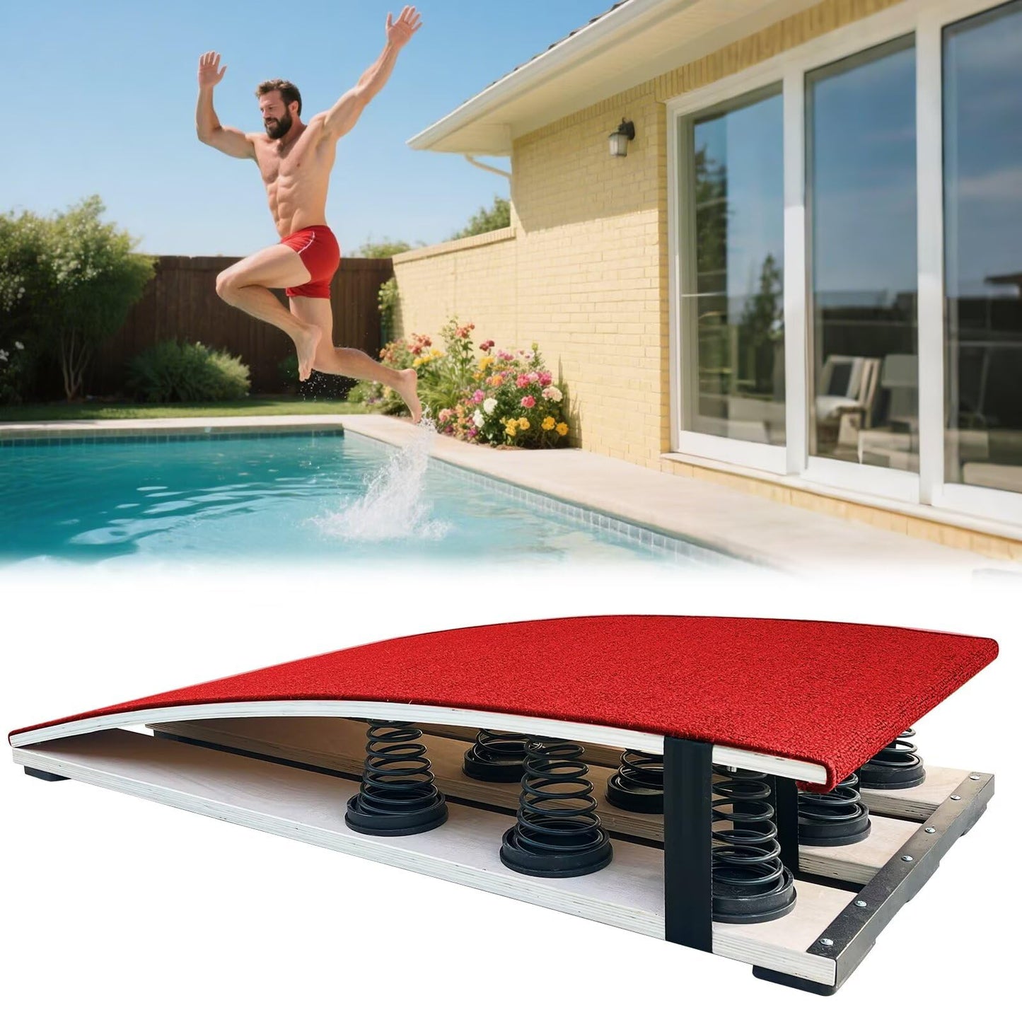 Diving Board for Pool, Gymnastics Springboard for Adults, Dual-Use Jump Training Platform with 9 Upgraded Springs, Slip-Resistant Surface, Heavy-Duty Hardwood Frame, No Assembly Required (Red)