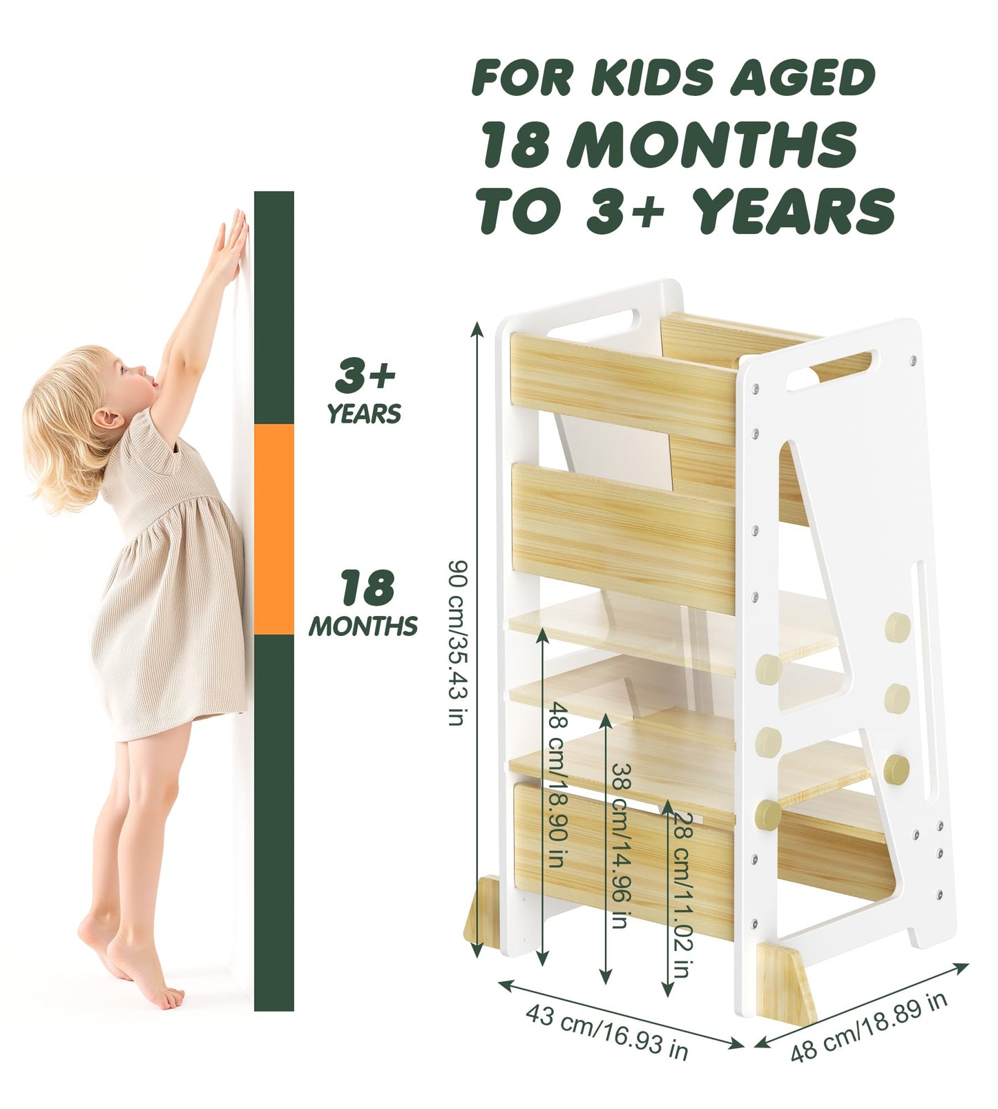 Toddler Standing Stool with Sliding Door for Safe Climbing, 3-Height Adjustable Kitchen Step Stool, Wooden Learning Tower for Kids, Non-Slip Feet