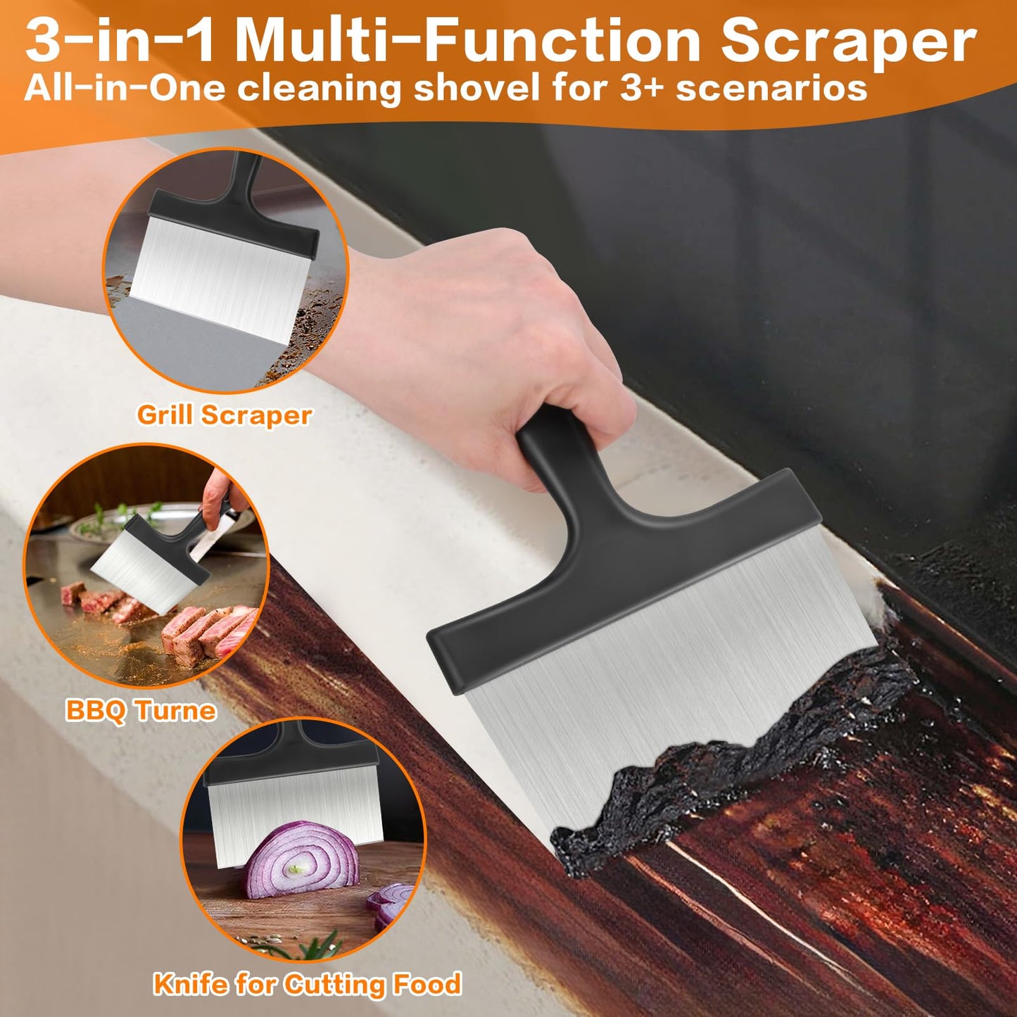 GuoluvSoo Heavy Duty Stainless Steel Grill Scraper, 3-in-1 Professional Griddle Scraper for Blackstone Grill Accessories with Comfort Grip Handle - for Flat Top Grill & Outdoor Barbecue Tools