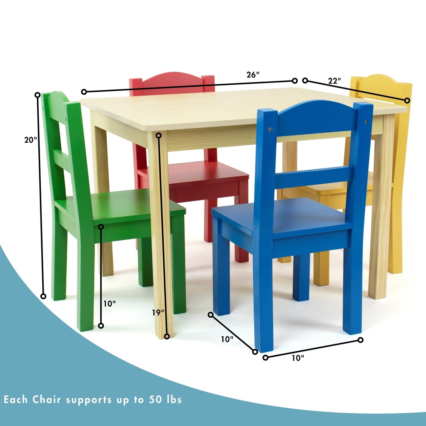 Humble Crew Kids Wooden Table and 4 Chairs Set, Natural/Primary - Kids Table and Chair Set for Toddlers and Children for Arts, Crafts, and Snack Time - Sturdy, Durable Toddler Activity Table