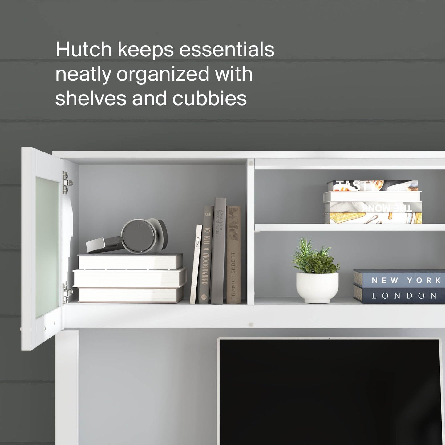 Bush Home 60-Inch Desk Hutch, Office Storage Organizer with Shelves, Cubbies and Frosted Glass Doors for Computer Desk, Home Office Furniture, Somerset Collection, White
