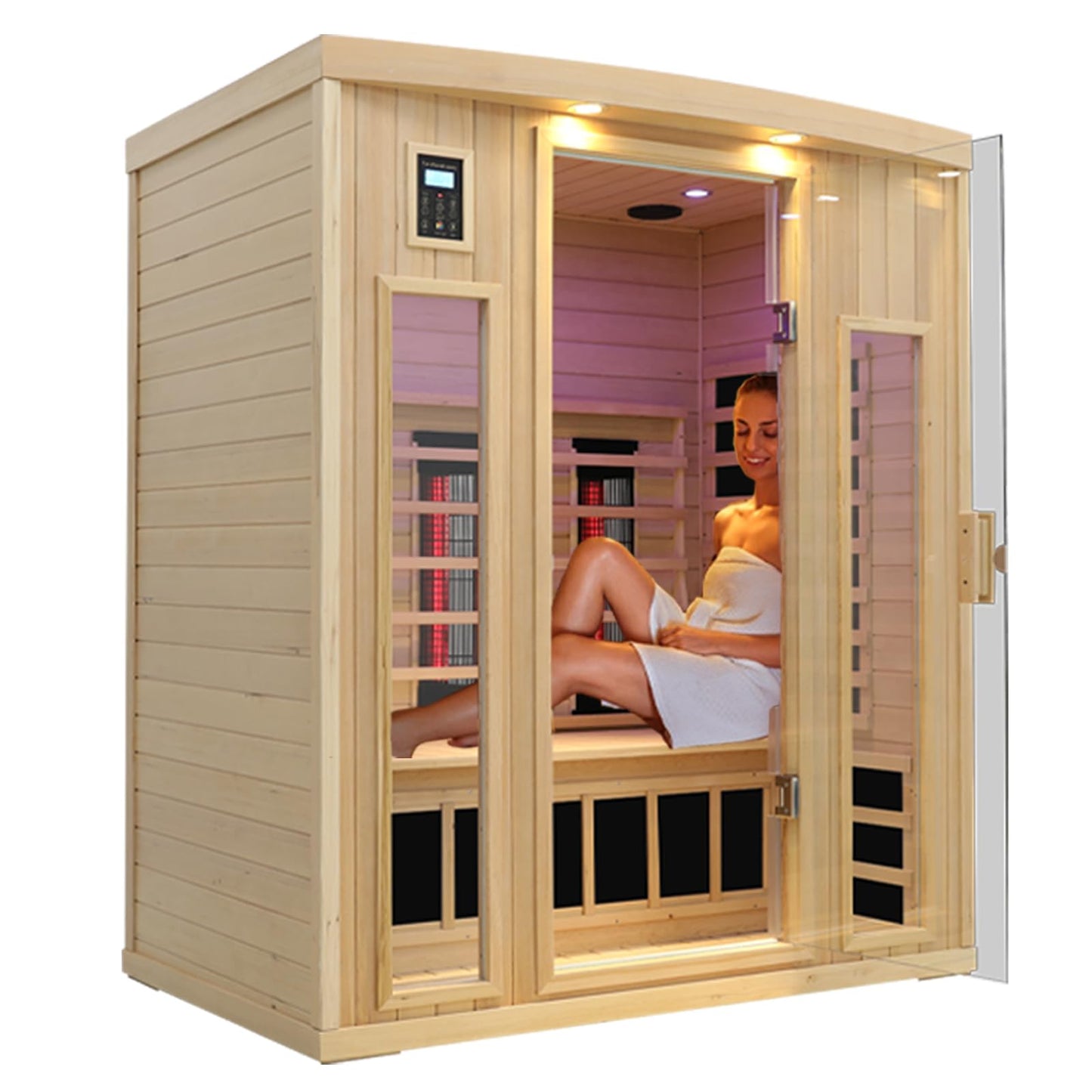 KUNSANA 3 Person Infrared Sauna, Ceramic Infrared Sauna 3 Person, Far Infrared Saunas for Home, Low EMF Infrared Indoor Sauna, Hemlock Wooded Sauna Room, Bluetooth Speakers, Chromotherapy Lights