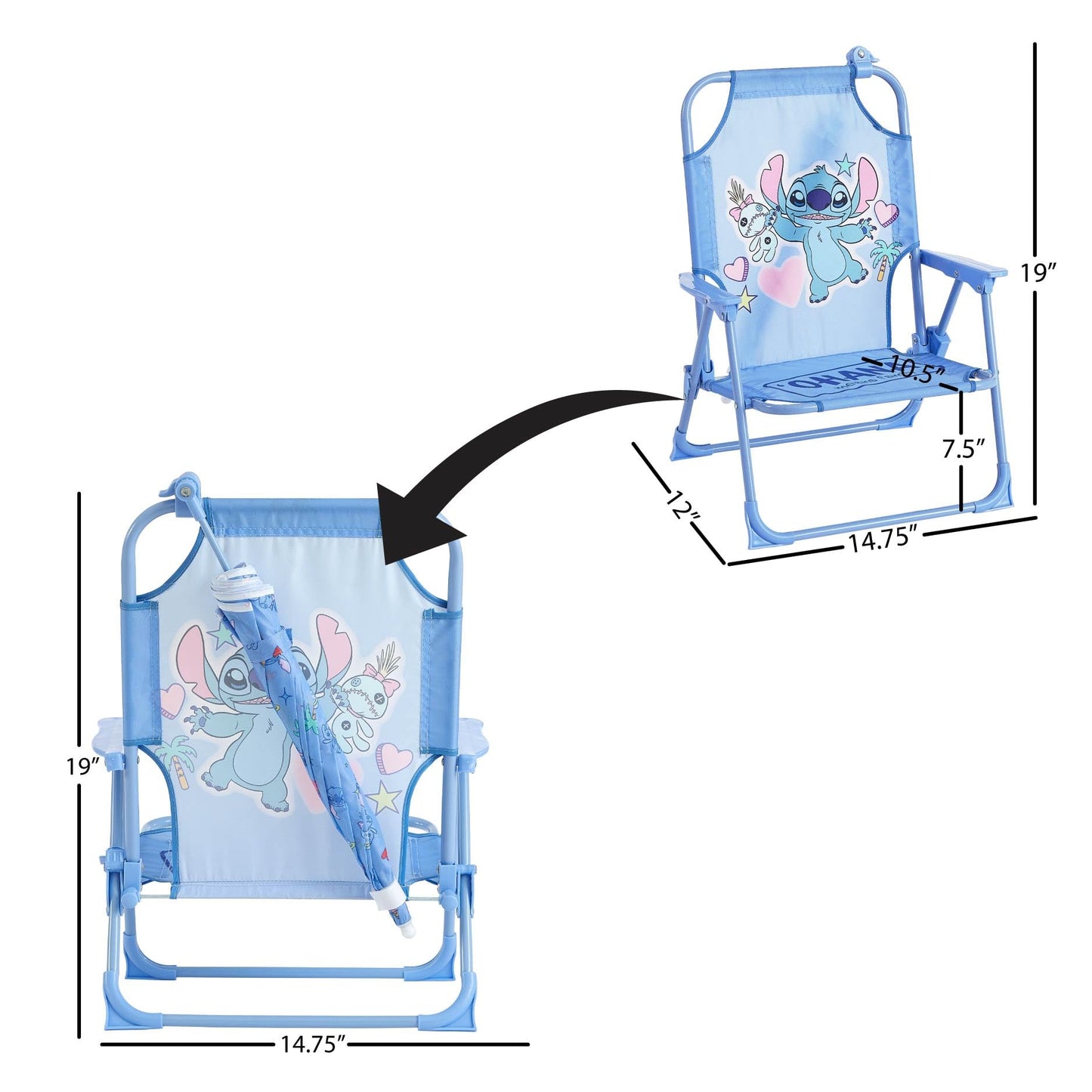 Disney Stitch Kids Beach Chair with Umbrella,Foldable Portable Toddler Chair with Armrests, Locking Mechanism & Sun Shade