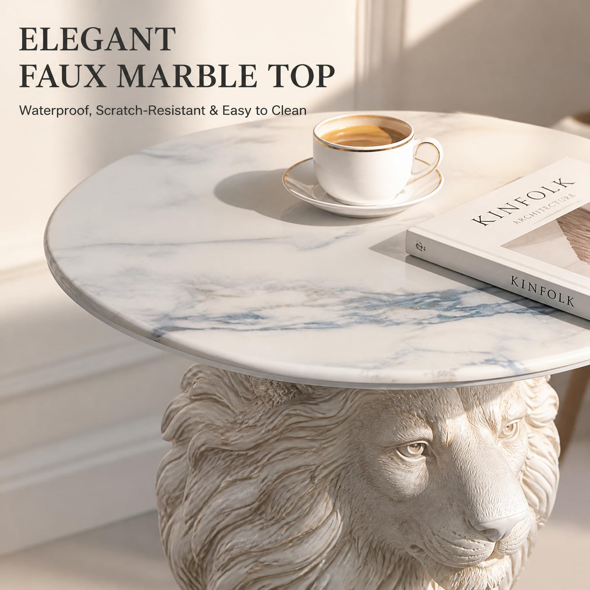 Eshiaeid White Lion Head Sculptural Side Table with Faux Marble Top, 19.7" Round Animal End Table, 25.6" H Majestic Accent Nightstand for Living Room & Bedroom, Luxury Housewarming Gift