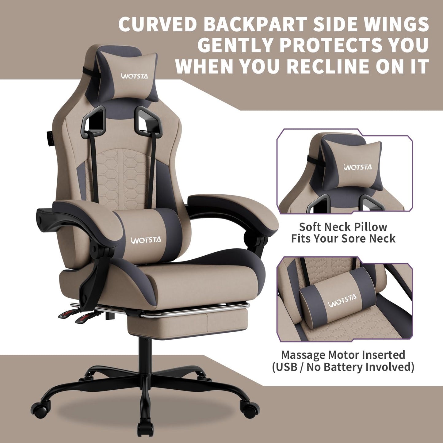 WOTSTA Gaming Chair with Massage,Ergonomic PC Gaming Chair with Footrest Comfortable Headrest and Lumbar Support, High Back, 300LBS (Grey)