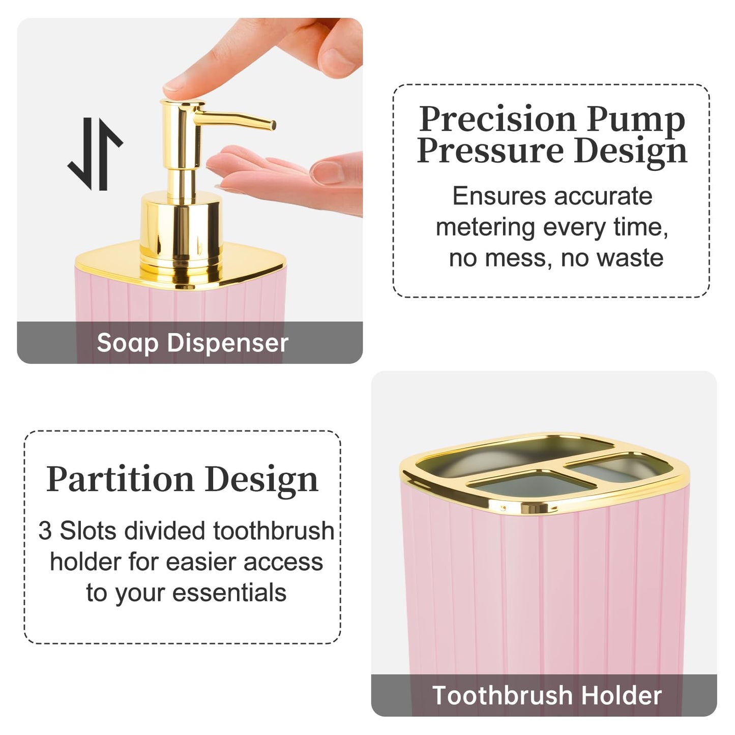 RRM 2PCS Bathroom Accessories Set,Pink Soap Dispenser and Toothbrush Holder