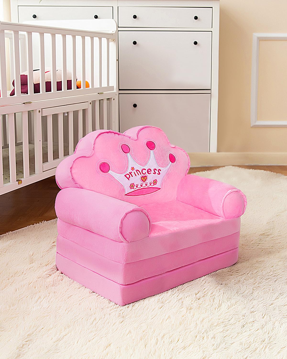 MOONBEEKI Kids Couch Fold Out, Foldable Princess Chair for Toddlers 1-3, Kids Furniture for Playroom, Gift for Birthday Christmas and Halloween（Pink）