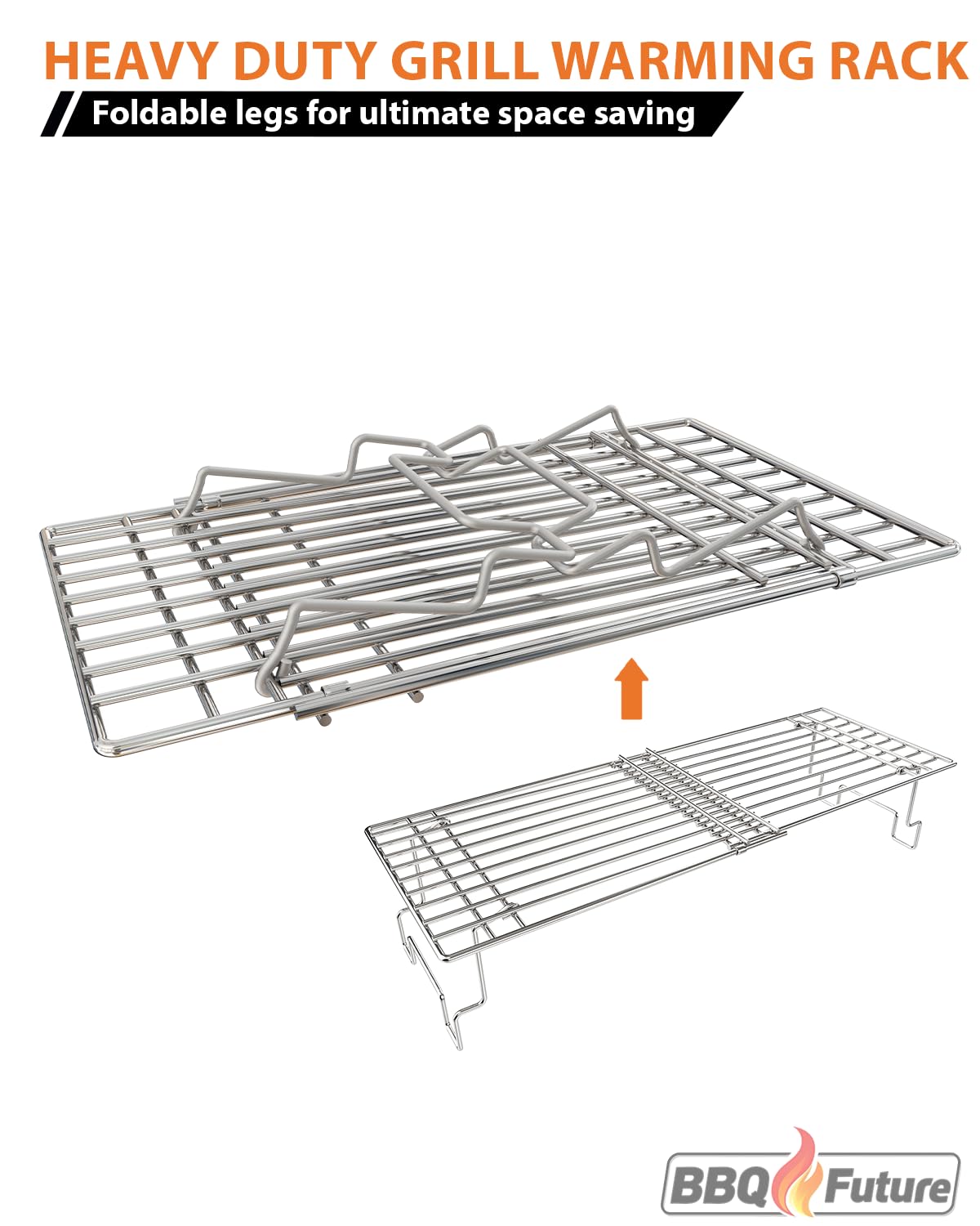 BBQ Future Universal Adjustable Warming Rack for Grills, Folding Stainless Steel Upper Rack for Pit Boss Traeger Pellet Smoker Weber Charbroil Gas Grill Blackstone Griddle & More, Dishwasher Safe