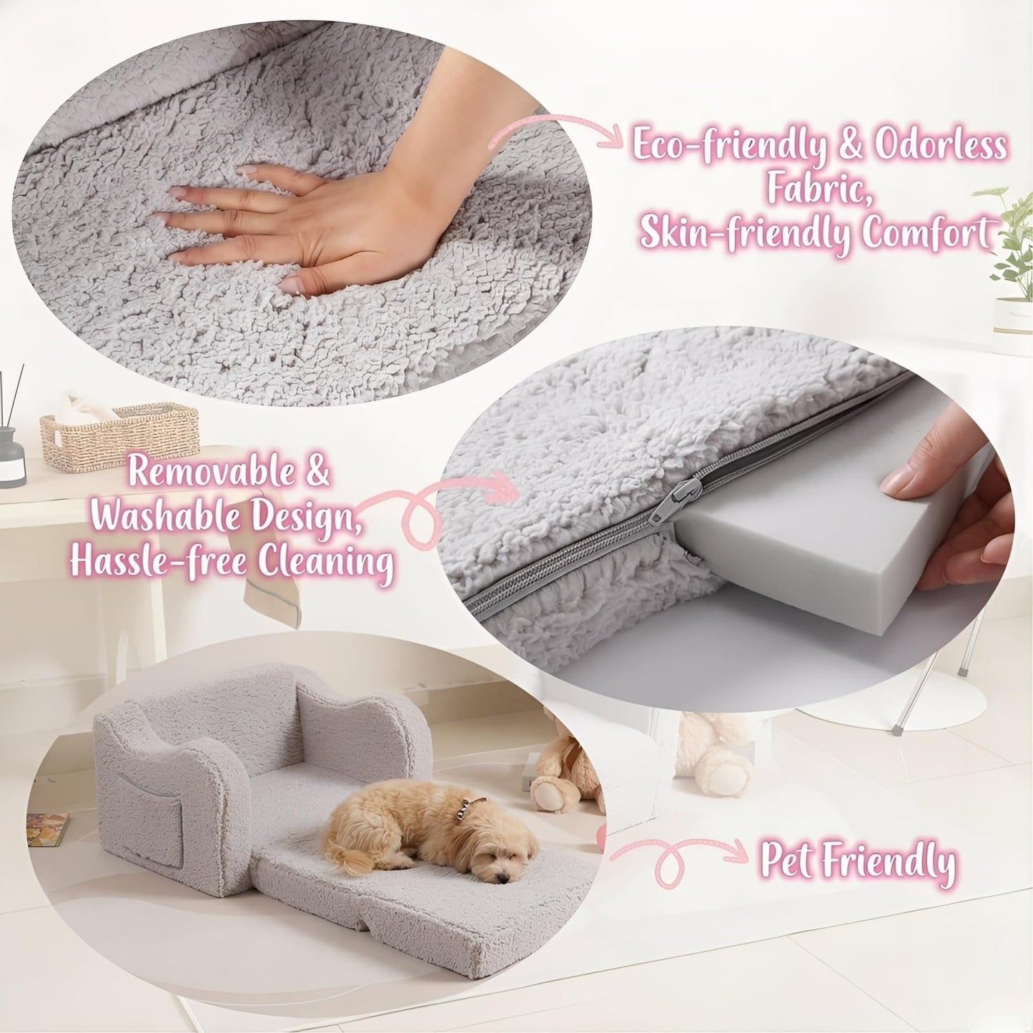 MOMCAYWEX Kids Sofa, 2-in-1 Flip-Out Foam Couch with Soft Sherpa Cover, Cozy Play Lounge Chair, Grey