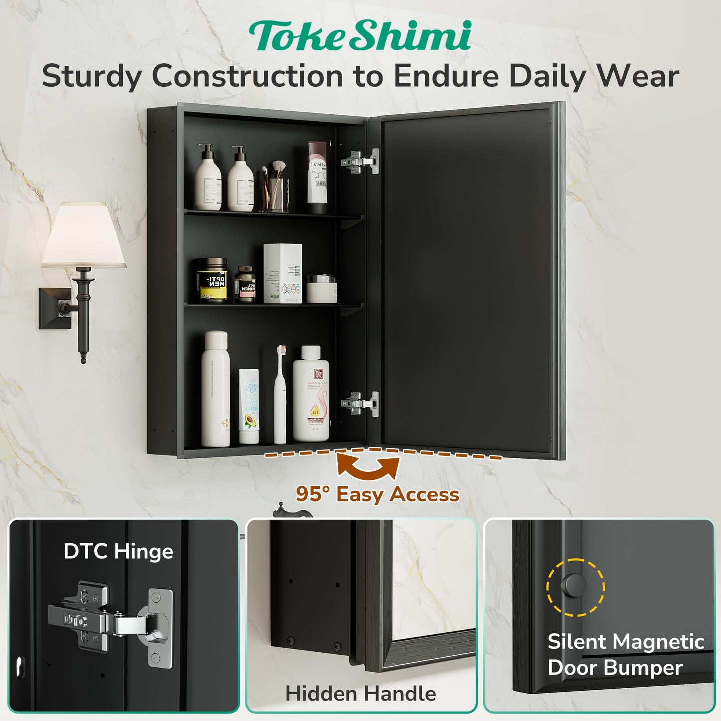 TokeShimi 14 x 18 Recessed Medicine Cabinet, Assembly Required, Black Bathroom Medicine Cabinet with Mirror, Stepless Adjustable Shelves, Tempered Glass, Beveled Aluminum Frame