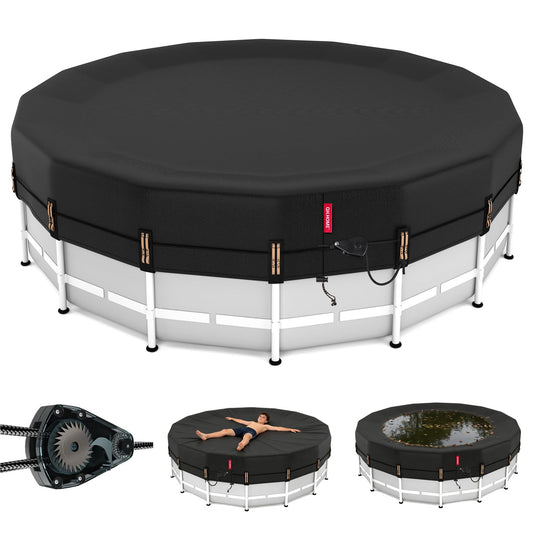 QH.HOME 18ft Round Pool Cover,[Ultimate Windproof & Tear-Resistant Fabric],Snug Fit with Patented Ratchet & Weight Rings,Solar Pool Cover for Above Ground Pools, Blocks Leaves &Waterproof