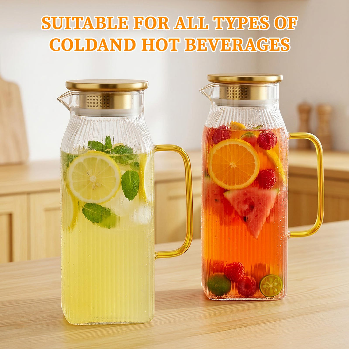2 Pack Glass Pitchers with Gold Lids, 68 oz/2 Liter Sun Tea Pitcher, Square Pitcher with Vertical Stripes and Handle, Heat-Resistant, Suitable for Refrigerator Storage, Tea and Beverage Container