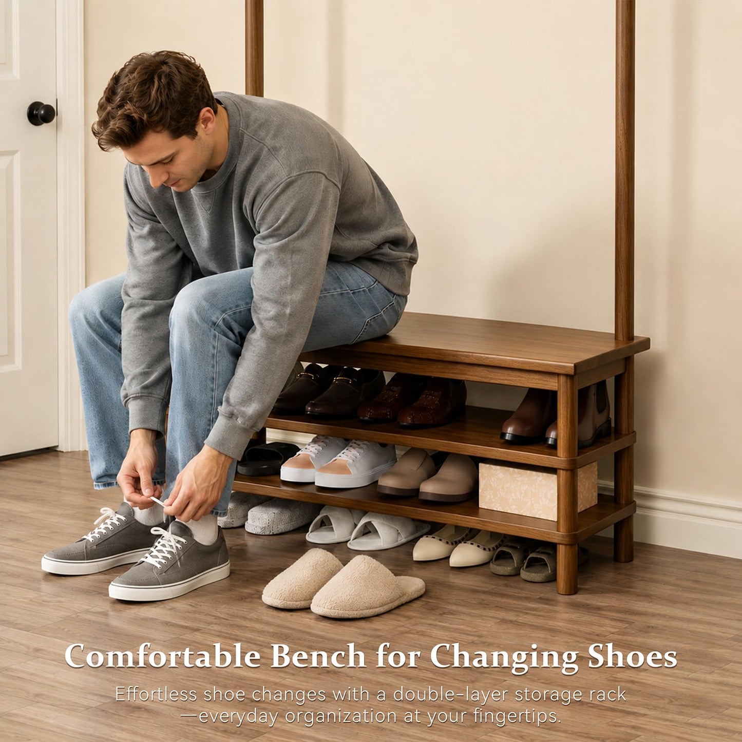 Wamhom Solid Wood Hall Tree with Bench, Shoe Rack & 11 Hooks 35.0''