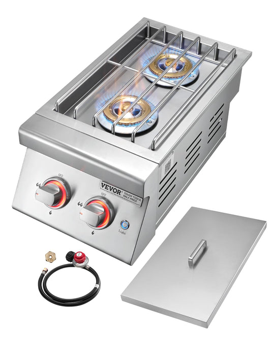 VEVOR Double Grilling Side Burners, 2 x 17,000BTU Liquid Propane Side Burner for Outdoor Kitchen, Convertible to Natural Gas, 304 Stainless Steel Built-in Double Burners with LED for BBQ Grill Island