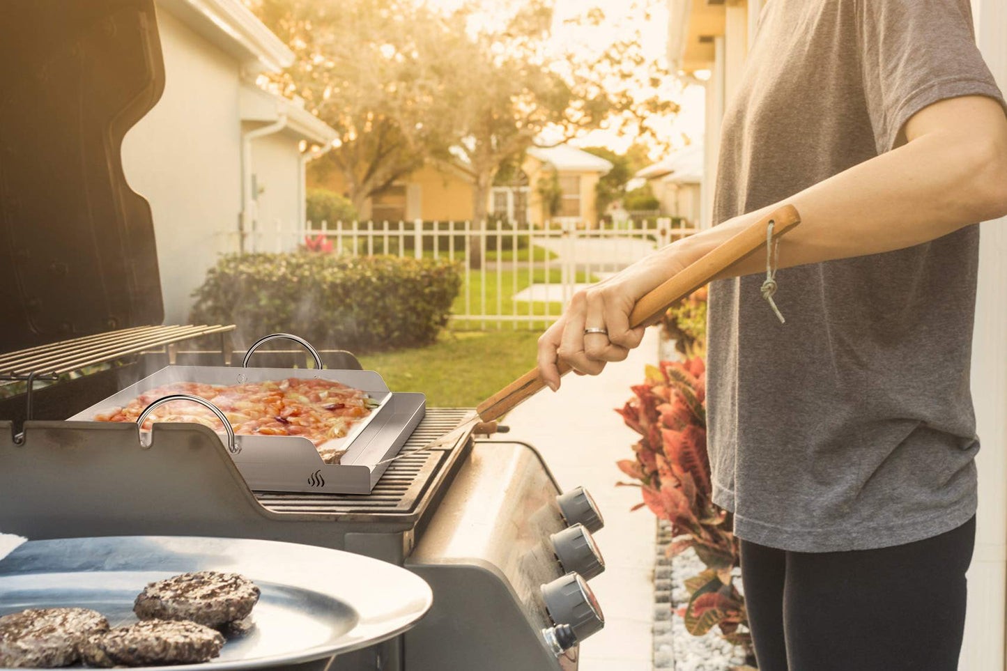 only fire Universal Stainless Steel Cooking Griddle, Flat Top Plate Insert with Grease Groove and Handles for Gas and Charcoal Grills, Tailgating, Camping and Parties, 23" x 16"