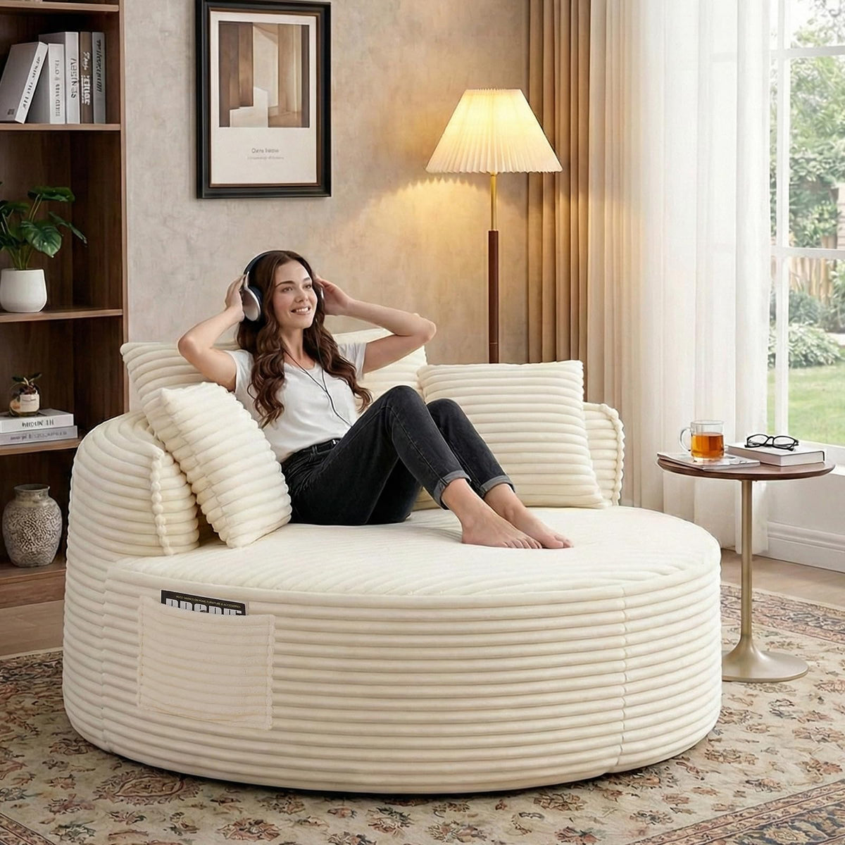 54"Round Chair Chaise Lounge Indoor, Cloud Boneless Chair w/ Side Pocket