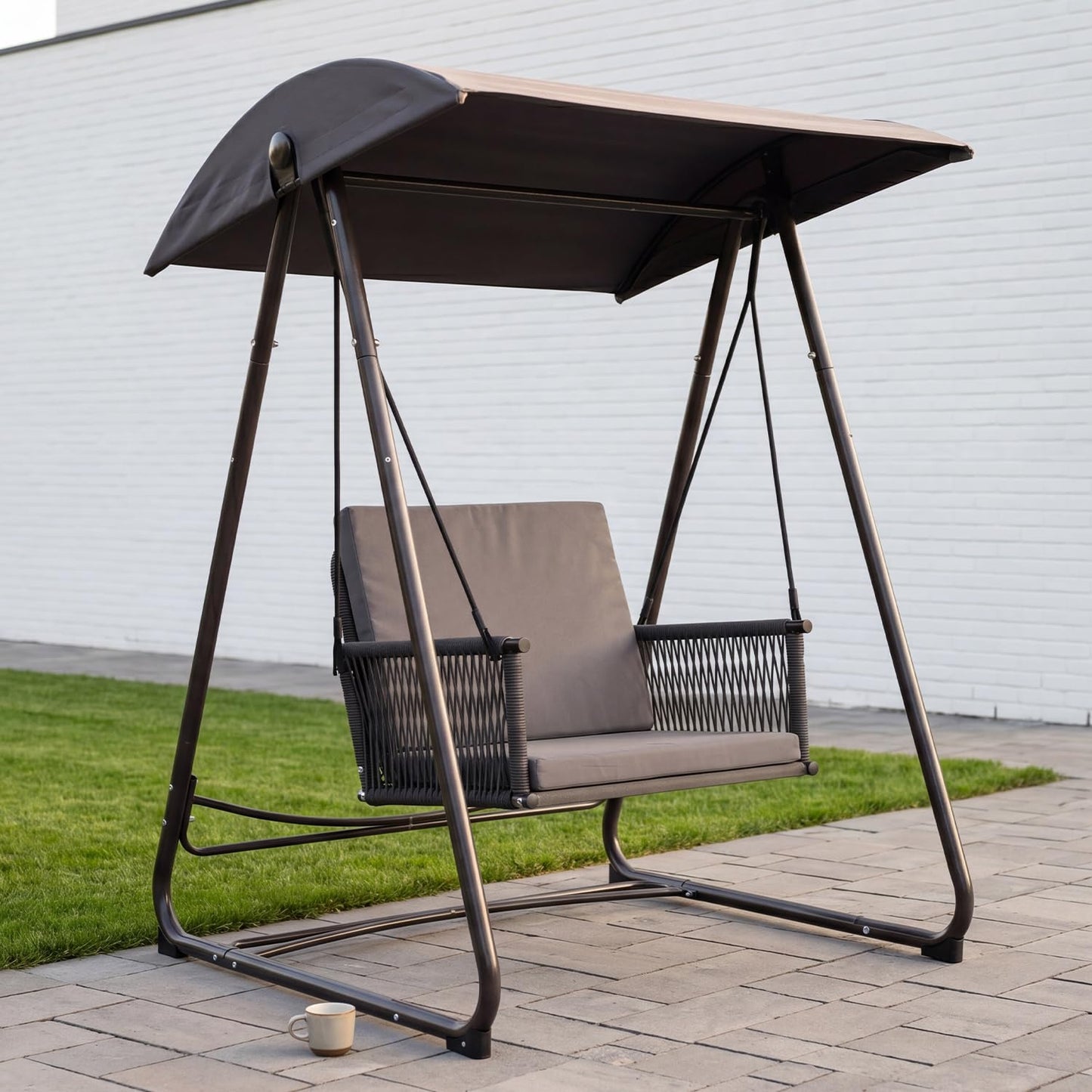 DAYARUS Porch Swing with Stand, Outdoor Swing with Canopy, All Weather Outdoor Swings for Adults, 400lbs Heavy Duty Porch Swings with Removable Cushions, Single Hanging Chair for Small Space, Grey