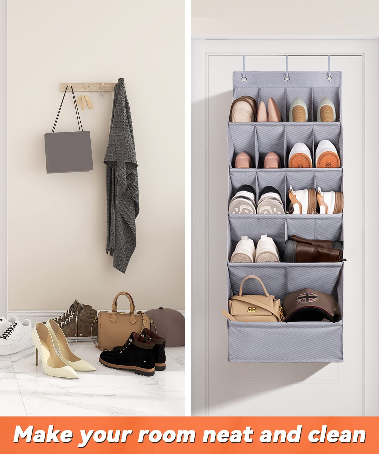 FENTEC 1 Pack Over-the-Door-Shoe-Organizers,Hanging Organizers with Large Pocket Shoe Holder Hanging Shoe Rack for Closet Shoe Organizer for Wall, Over Door Organizer with 15 Pockets Gray