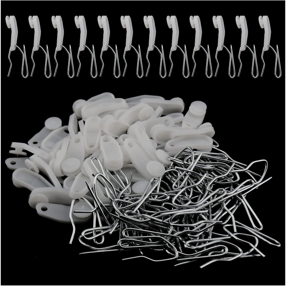 MEETOOT 50pcs Curtain Rail Slide Plastic Snap-in Traversing Rod Slides and 50pcs Living Room Bedroom Window Curtain Hanging Hook Drapery Pin Hooks