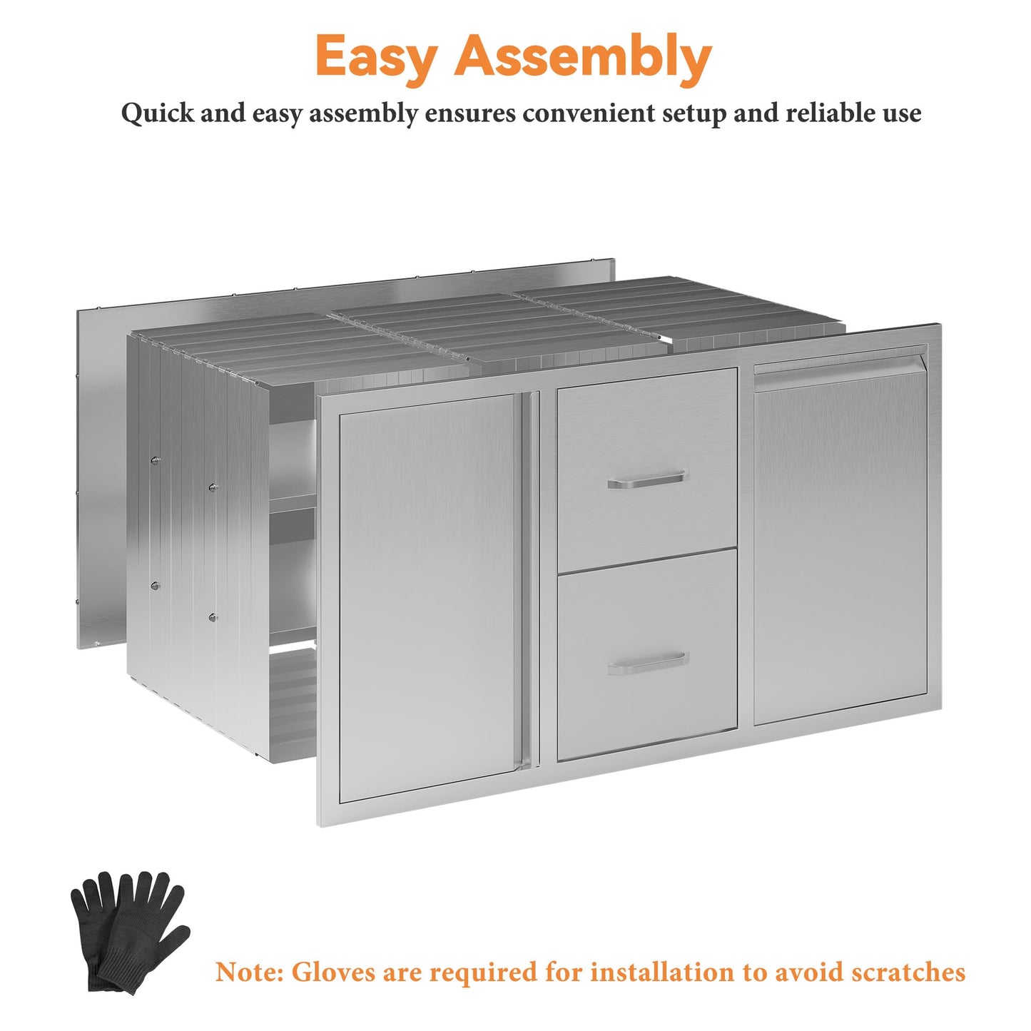 Jocisland 41.5" W×20" D×23" H Stainless Steel Outdoor Kitchen Drawers, Double Drawers with Trash Drawer & Door, 3-Tier Cabinet, Built-in BBQ Island Storage for Outdoor Kitchens