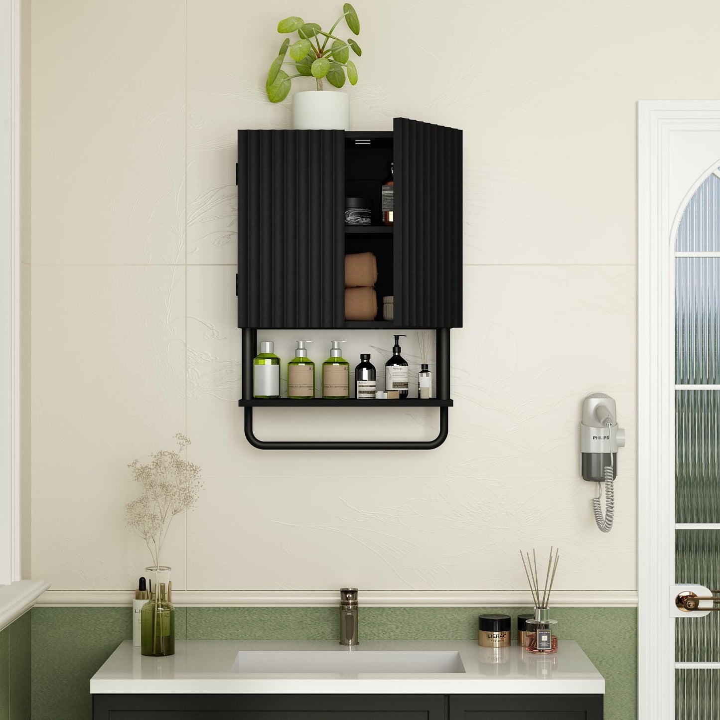 RUSTOWN Fluted Bathroom Wall Cabinet with 2 Doors, 3-Tier Modern Farmhouse Medicine Cabinet, Over The Toilet Storage Cabinet with Adjustable Shelf and Towel Bar(Black, Small)