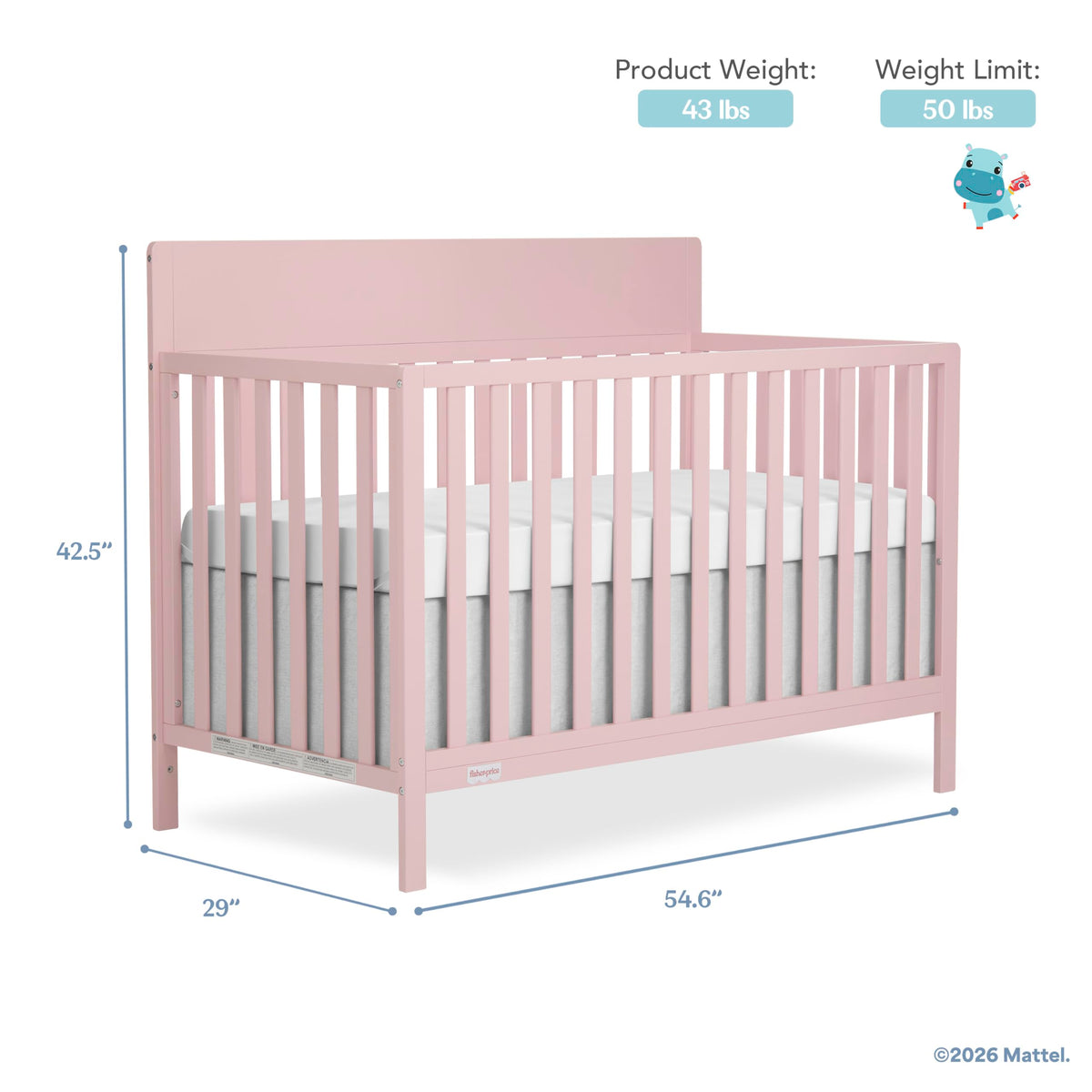 Fisher-Price Meadowbrook 4-in-1 Convertible Full Size Baby Crib, Wooden Nursery Furniture, Converts to Toddler Bed with Guardrail, Daybed & Full-Size Bed, Greenguard Gold & BSA Certified, Pink