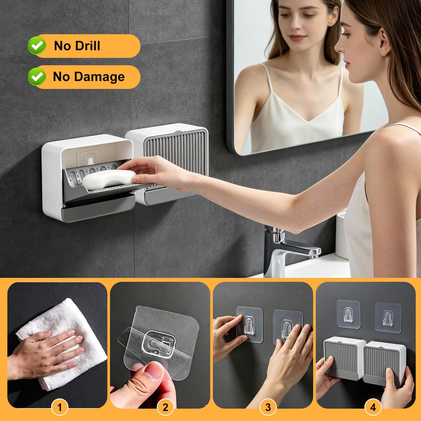 Strong Suction Cup Wall-Mounted Soap Dish Holder, 2-Layer Draining Tray with Removable Container, Keeps Soap Dry for Bathroom, Shower, Sink, Kitchen- Space Saver (Grey-Single Compartment)