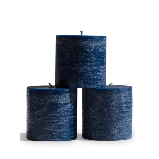 CANDWAX 3x3 Pillar Candles Set of 3 - Rustic Unscented No Drip Dark Blue Candles for Home Decor, Weddings, Centerpieces