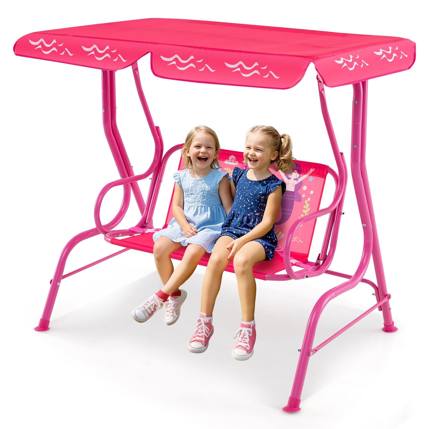 Costzon Kids Porch Swing, All-Weather Patio Swing Bench Hammock w/Adjustable Canopy & Safety Belts for 2 Children, Outdoor Swing for Backyard Garden Balcony Poolside (Pink, Mermaid)
