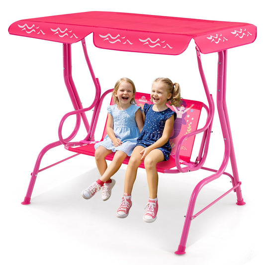 Costzon Kids Porch Swing, All-Weather Patio Swing Bench Hammock w/Adjustable Canopy & Safety Belts for 2 Children, Outdoor Swing for Backyard Garden Balcony Poolside (Pink, Mermaid)