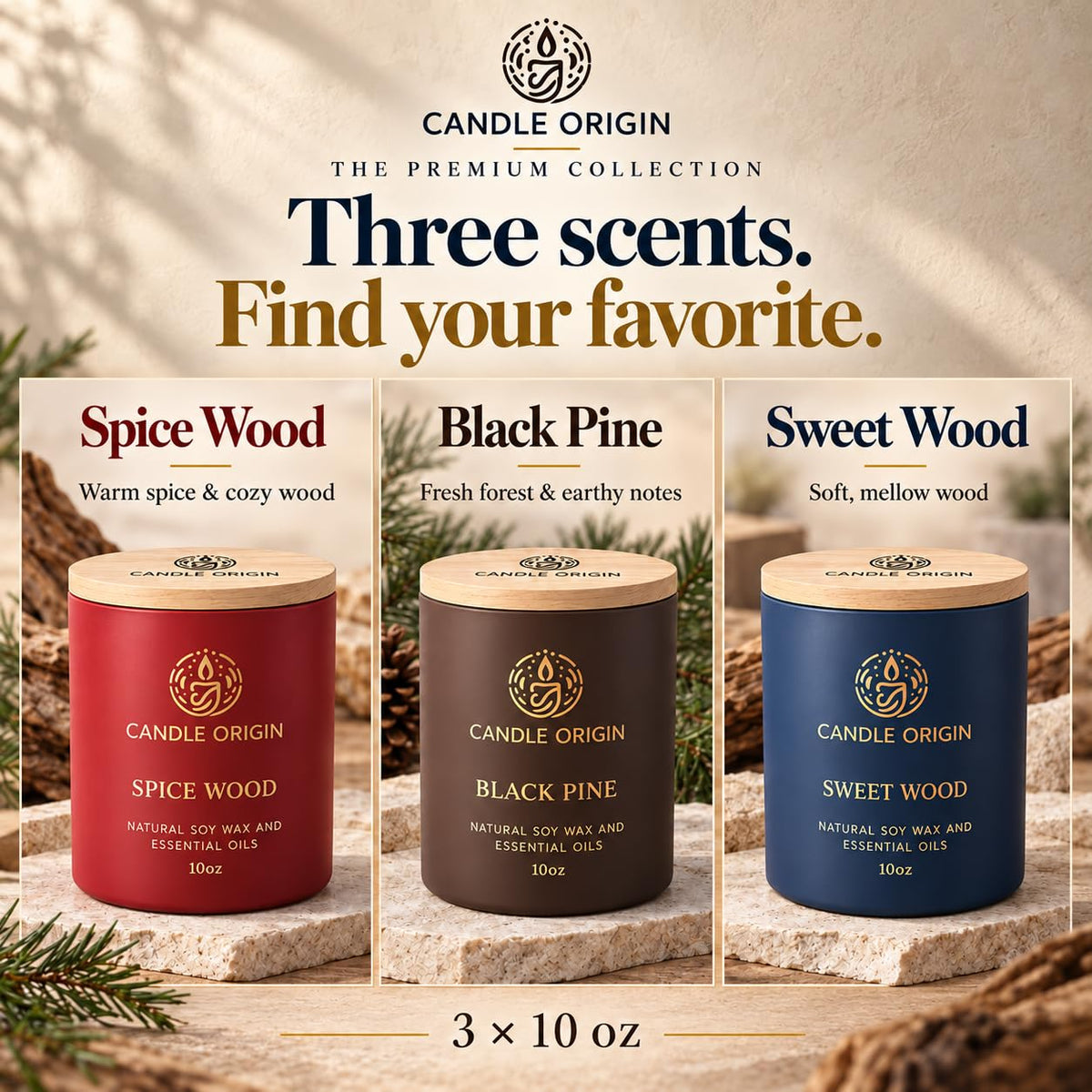 Scented Candles for Men, Premium Gift Set 3x10oz, Strong Long Lasting Soy