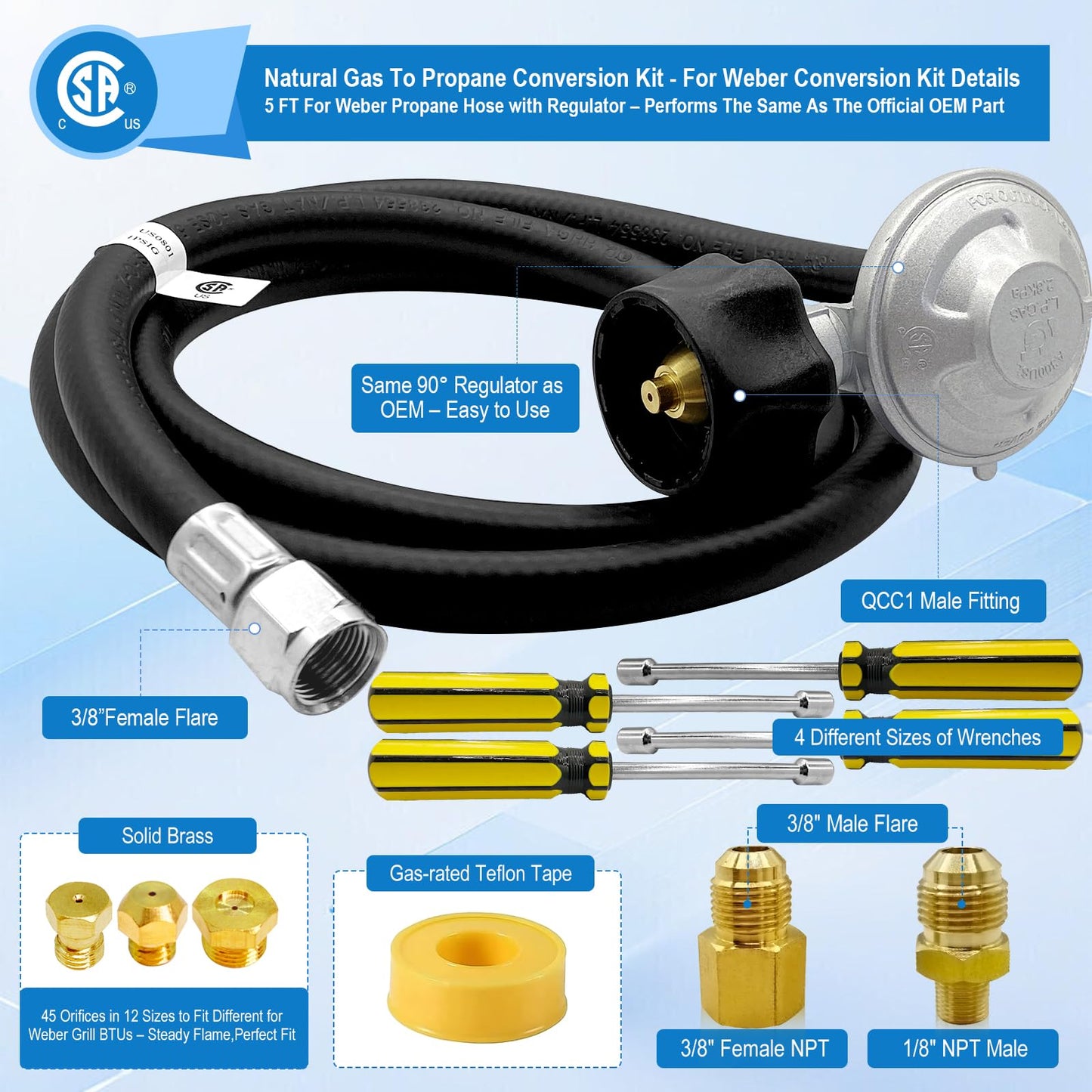 Sekvira Natural Gas to Propane Conversion Kit for Weber Genesis or Genesis II Grill and for Weber Summit Grill–5FT Propane Regulator Hose for Weber Grills,45 Orifices,Fittings & Tools.
