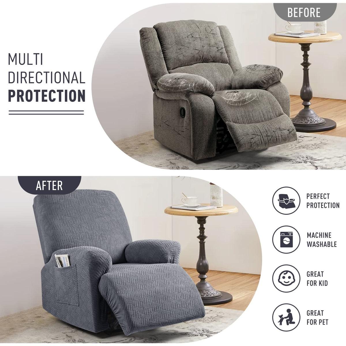 KinCam Recliner Chair Covers, Stretch Reclining Cover, Dark Gray