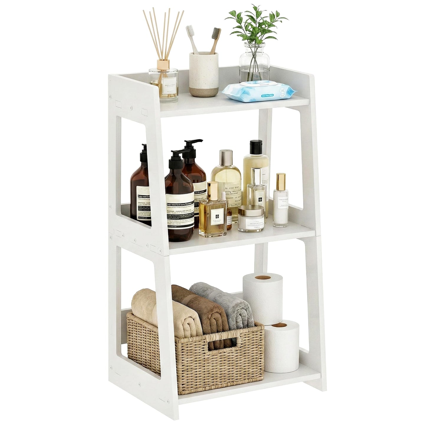 POBOMULI 3-Tier Bathroom Ladder Shelf Freestanding, White Floor Shelves Open Shelving Unit, Small Bookshelf Nightstand for Home Study Laundry Room (11.8" D x 15.7" W x 27.6" H)