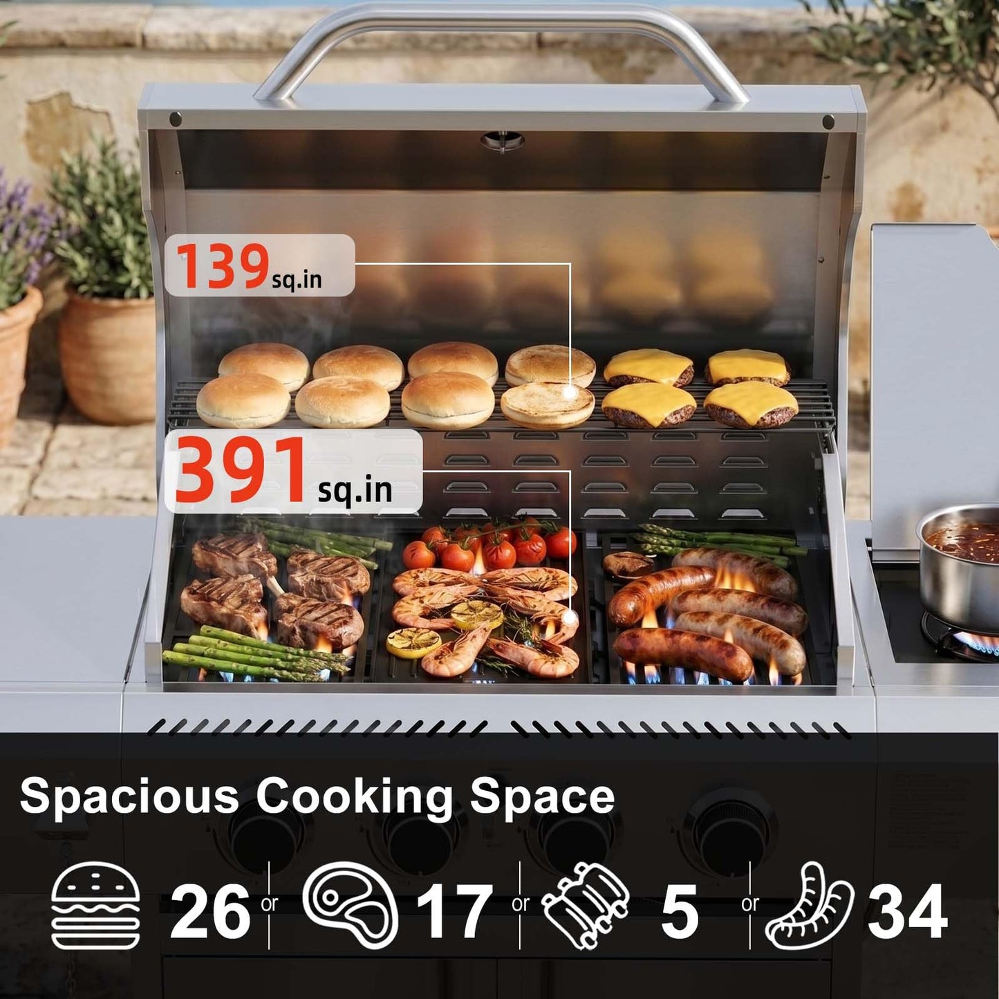 COWSAR 4-Burner Gas Grill, 42000 BTU BBQ Grill, Stainless Steel Barbecue Grill with Side Burner, Enameled Cast Iron Grill, Pull-Out Oil Tray, Suitable For Outdoor, Backyard Barbecues