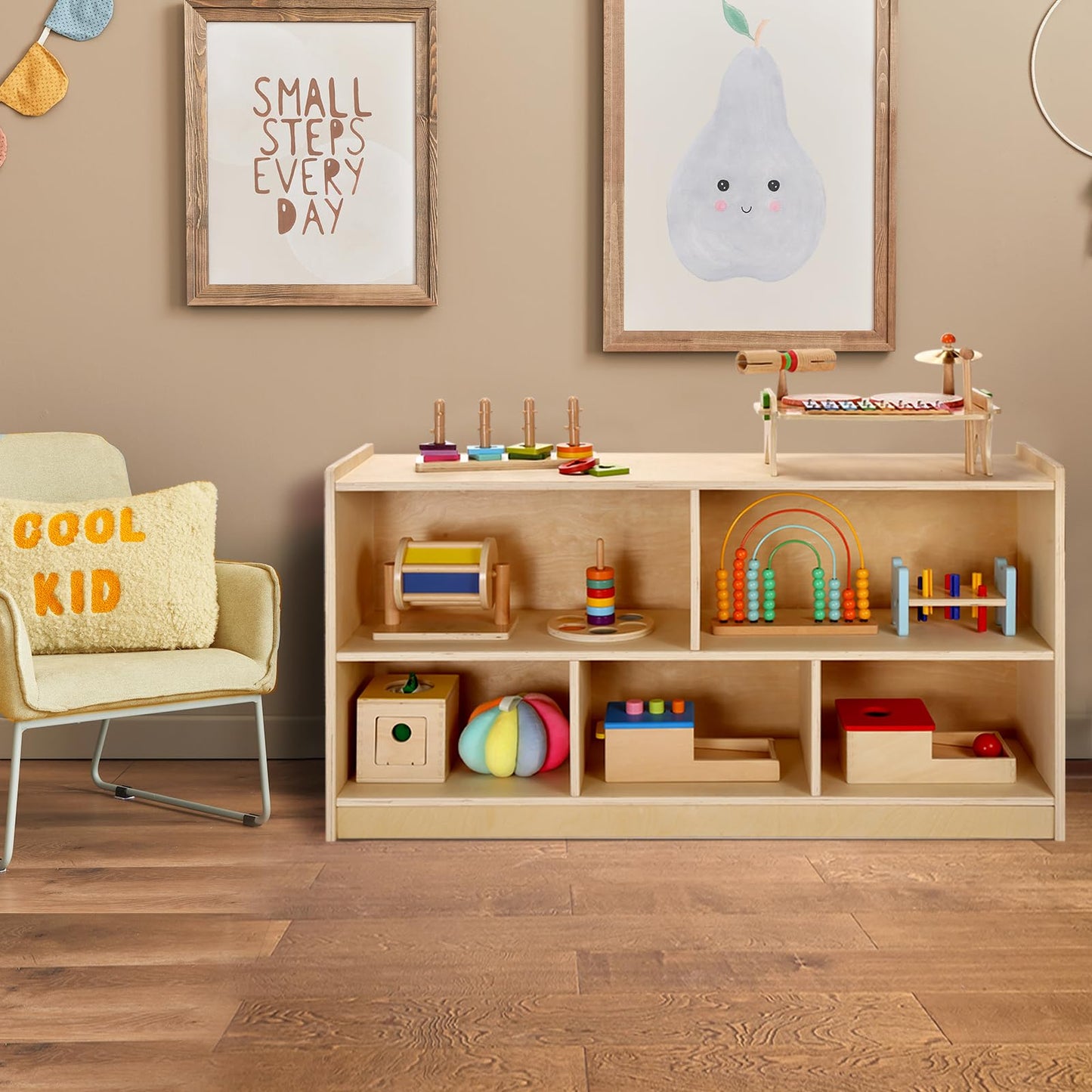 WINGYZ Wooden Storage Cabinet, 5-Section Montessori Bookshelf, Kids Toy Storage Organizer Book Shelf for Kids Rooms, Classroom, Playroom, Nursery, Preschool Book Shelves