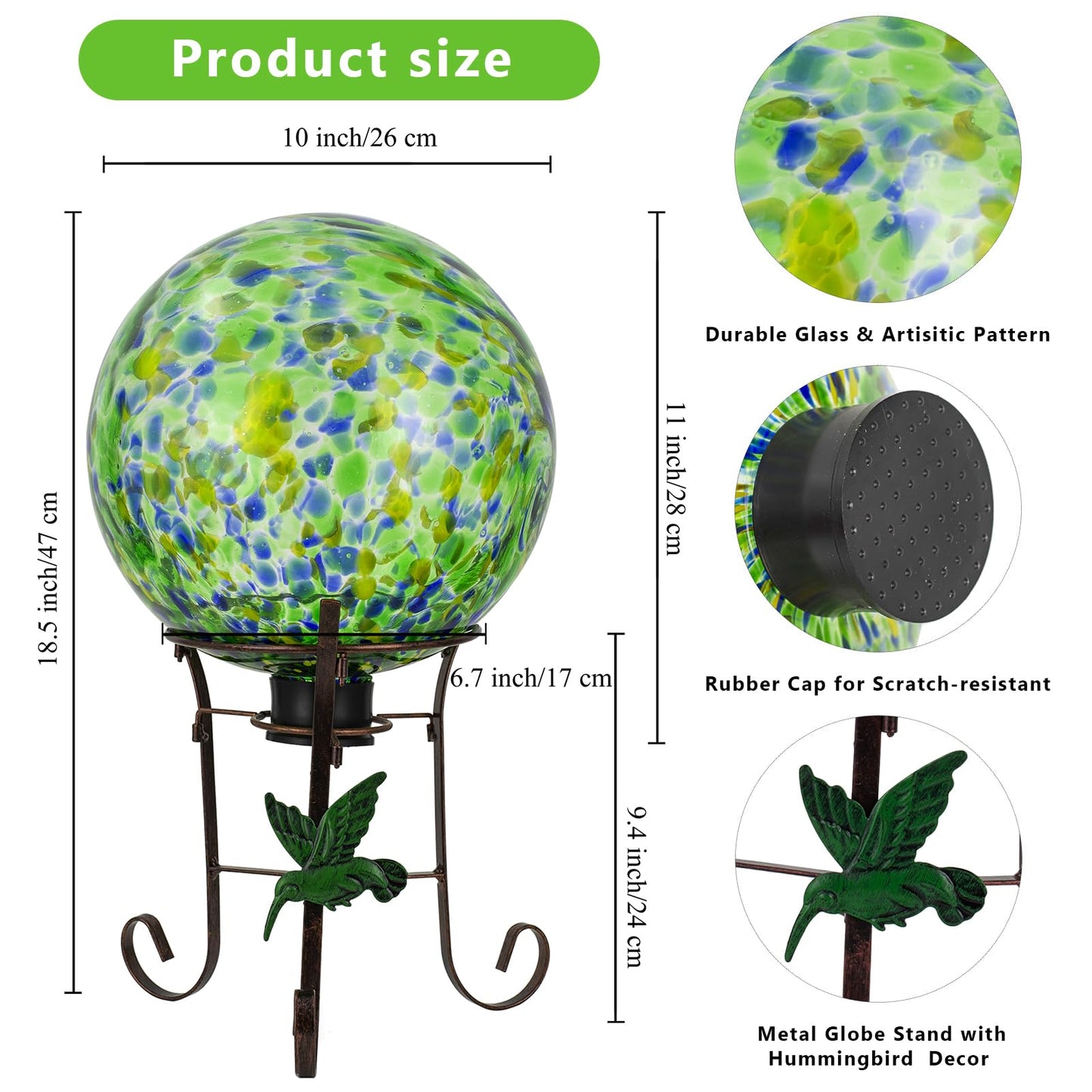 VEWOGIFT 10 Inch Glass Gazing Ball, with 9.4" Tall Metal Gazing Globe Stand, Glass Balls Display Holder Set for Outdoor Garden Lawn Yard Decoration, Bright Summer Burst