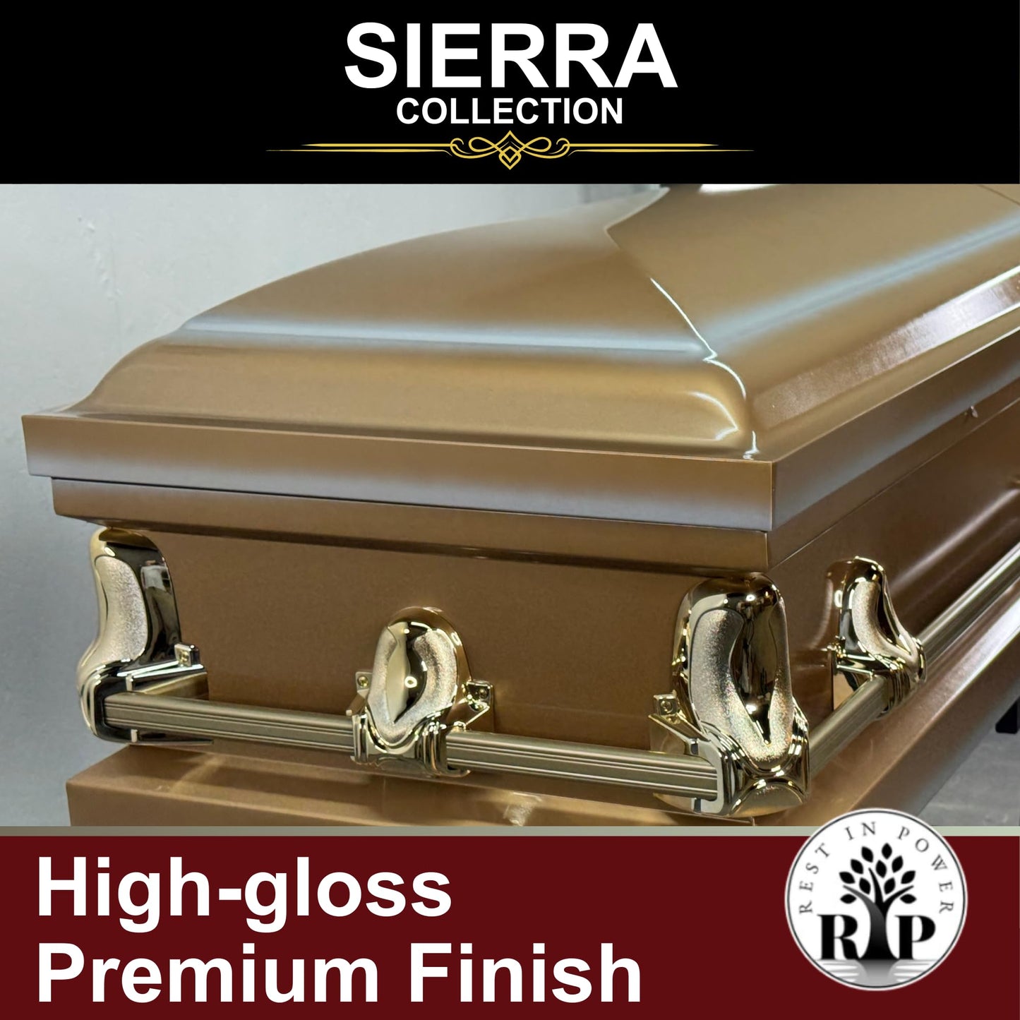 Rest In Power Steel Satin Sierra Funeral Casket for Adults – Burial Caskets for Humans with Premium Comfort Lining (Gold)