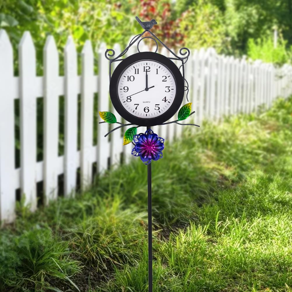STANKGARDEN Outdoor Clock with Garden Stake, Flower Birdhouse Outdoor Wall Clock Waterproof, Silent No-Ticking Outdoor Clocks for Garden, Patio, Yard, Fence