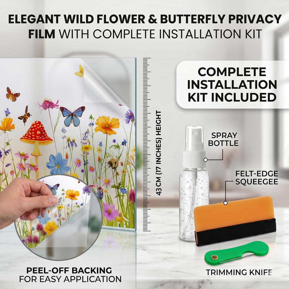 Static Cling Privacy Window Film, 78" x 17" Frosted Glass Covering with Wildflower & Botanical Patterns, Removable No Glue Window Film for Home Bathroom Bedroom Office (Wildflower 5)