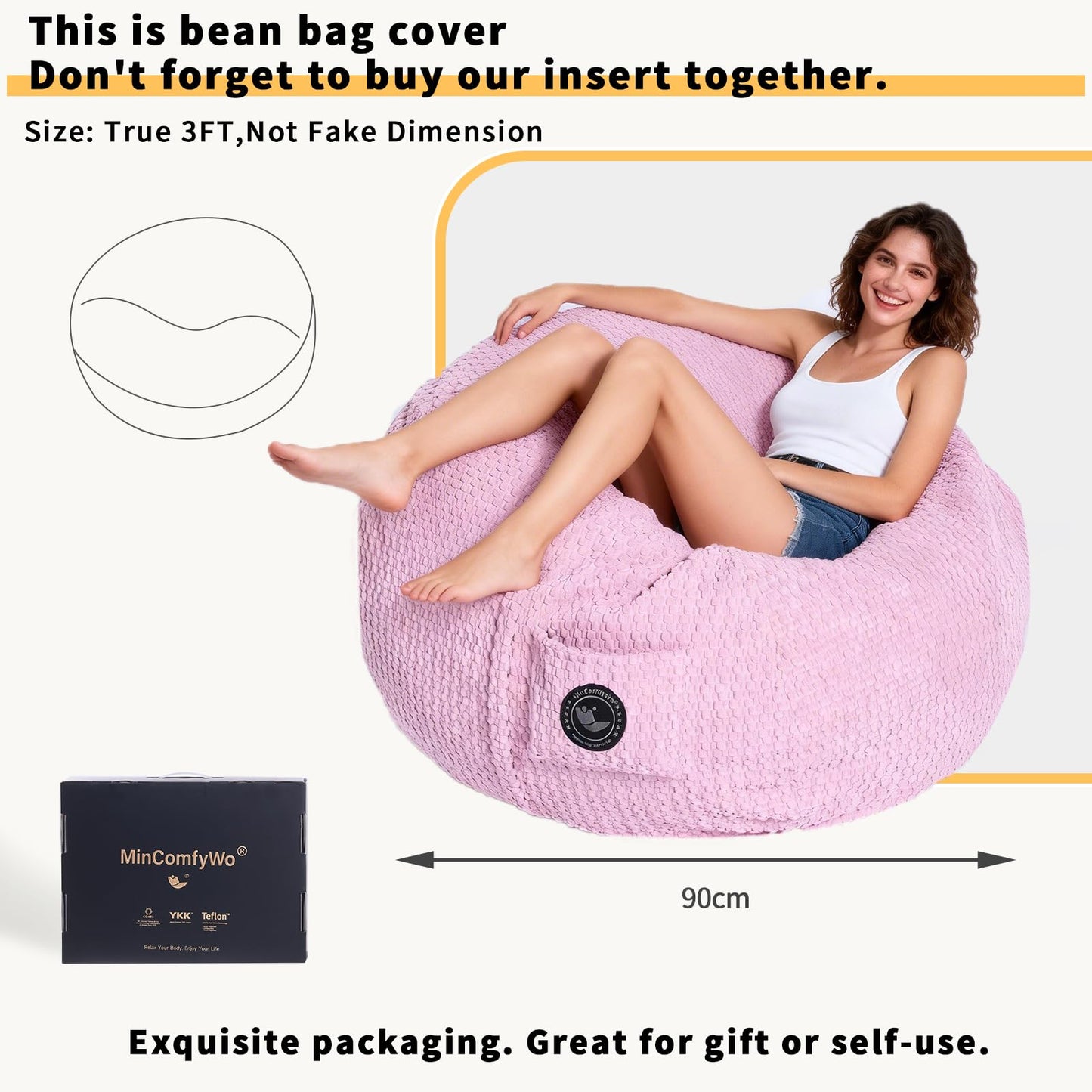 MinComfyWo City Beanbag Junior Round Bean Bag Chair – Cozy Bean Bags Lounge for Kids & Small Adults, Premium Durable Fabric, Perfect for Bedroom or Playroom-Cover-Popcorn-Pink