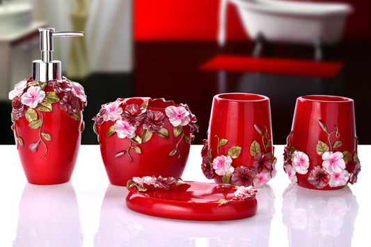 YIYIDA 9pcs Bathroom Set Resin Bathroom Accessories Set Flowers Bloom Luxury Manor Bath Set Soap Dispenser Toothbrush Holder Tumbler Soap Dish