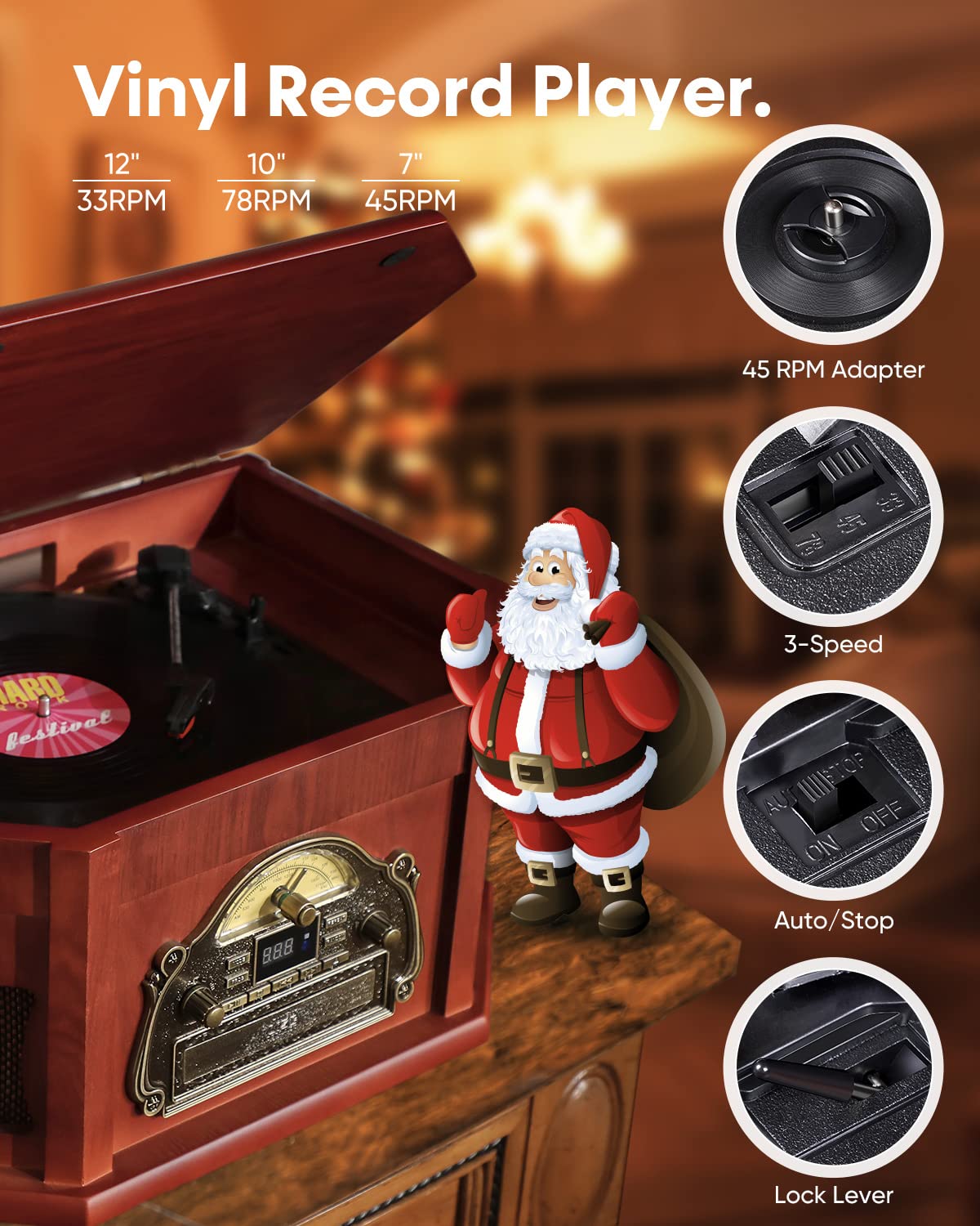 ORCC 10-in-1 Record Player, Nostalgic Turntable for Vinyl Record with Bluetooth, 2 Built-in Speakers, CD, Cassette, AM/FM Radio, USB, SD Slot, Remote Control