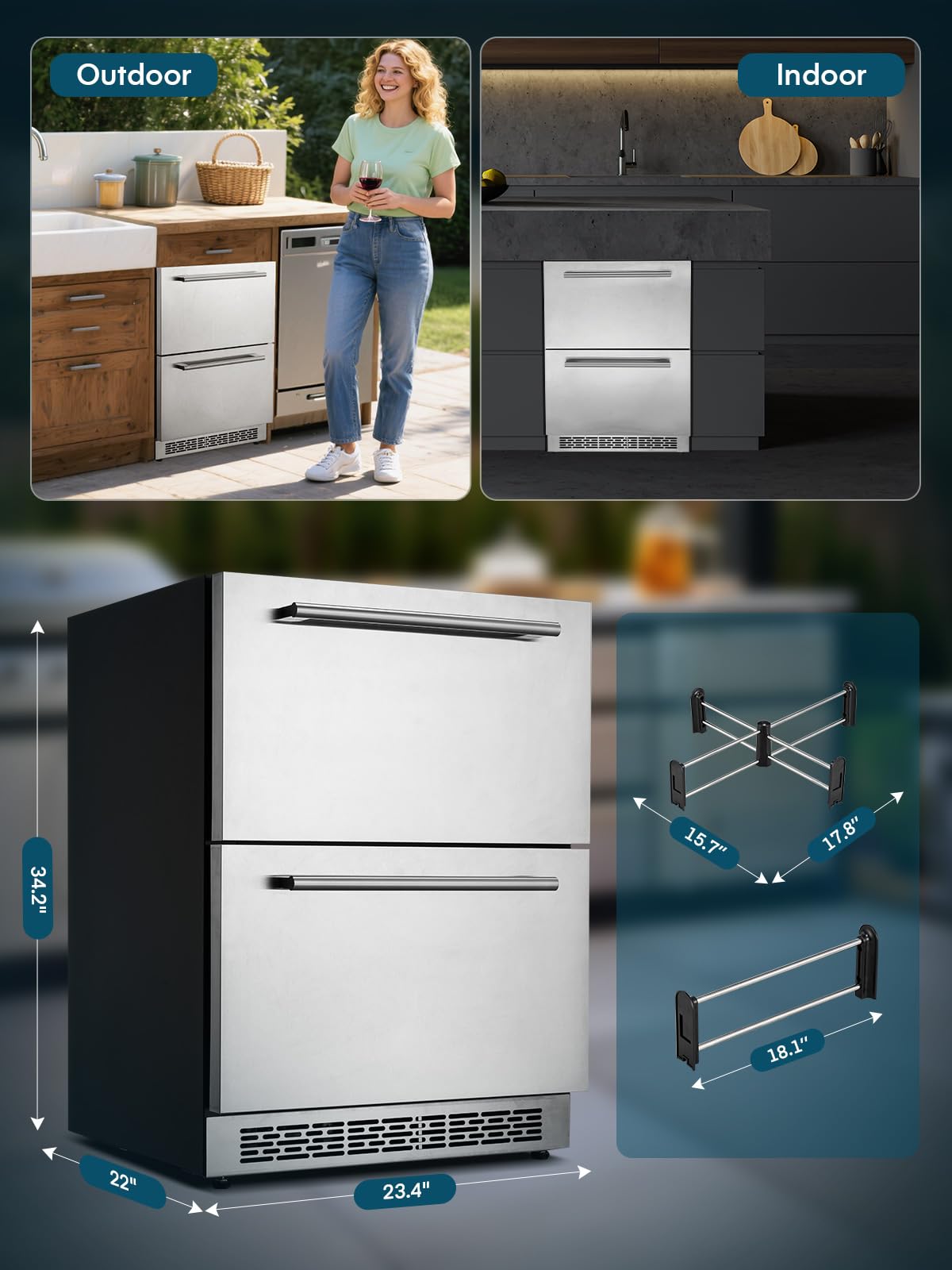 FOHERE 24" Undercounter Drawer Refrigerator, Waterproof Indoor and Outdoor Stainless Steel Beverage Refrigerator, LED Display, Low Noise, Frost-Free, Built-in/Freestanding, for Home and Commercial Use