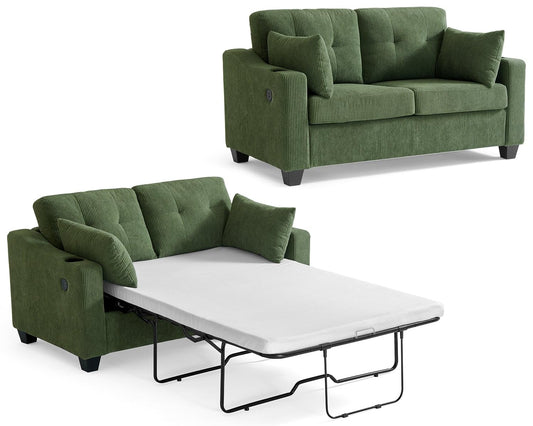 Full Size Pull Out Sleeper Sofa Bed, 2-in-1 Convertible Corduroy Pull Out Couch Bed with USB Charging, Memory Form Loveseat Sleeper for Living Room, Apartment, Small Space, Corduroy Green, Full Size
