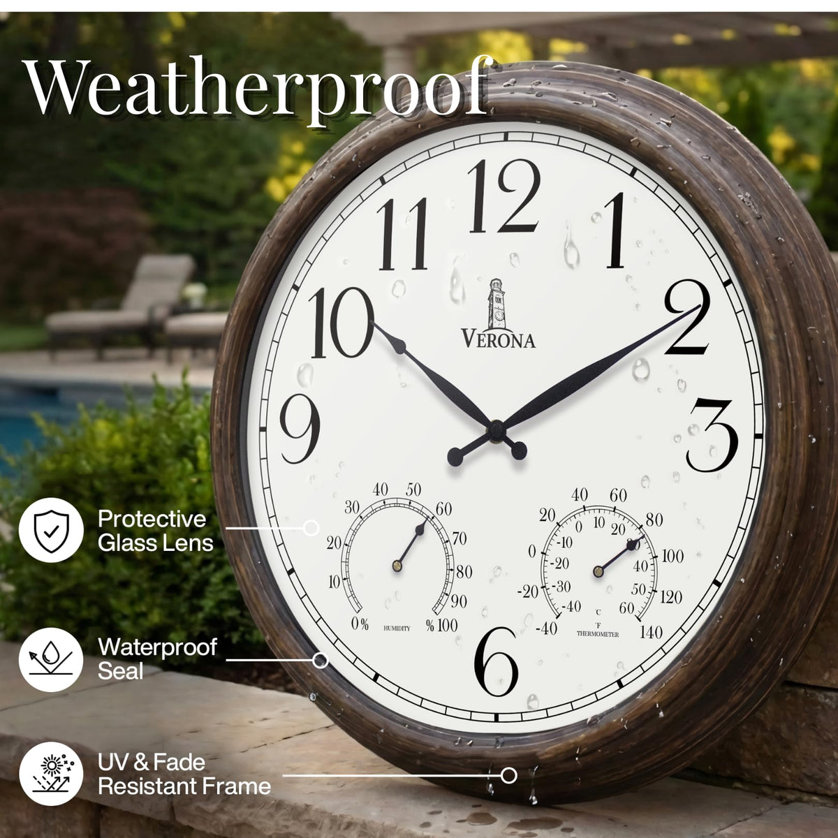 Large Outdoor Patio Clock - Waterproof Thermometer Combo, 24 Inch, Bronze